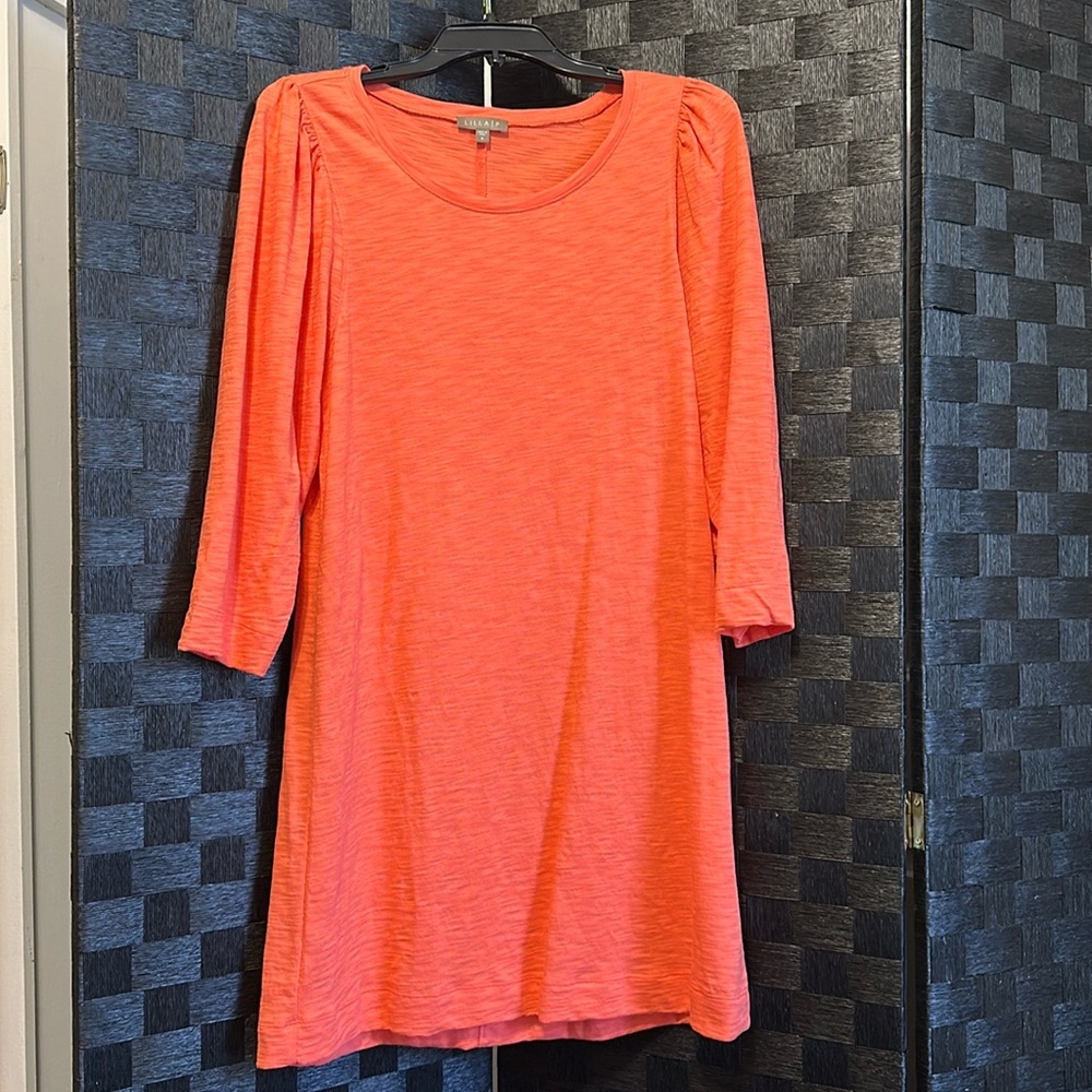 Lilla P Women's Cool Coral Orange Cotton 3/4 Sleeve Crew Neck Dress,‎ Size Small